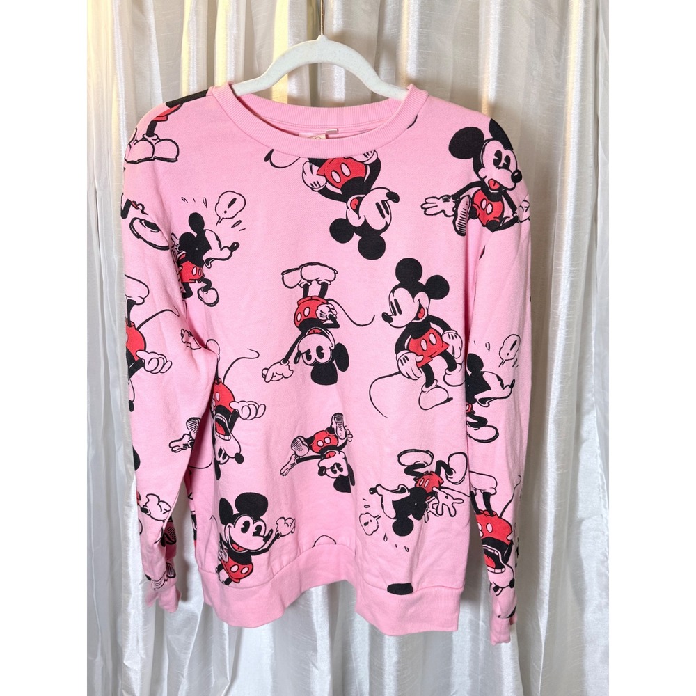 Disney Mickey Mouse Sweatshirt Women Large Pink Excellent 100th Anniversary AOP